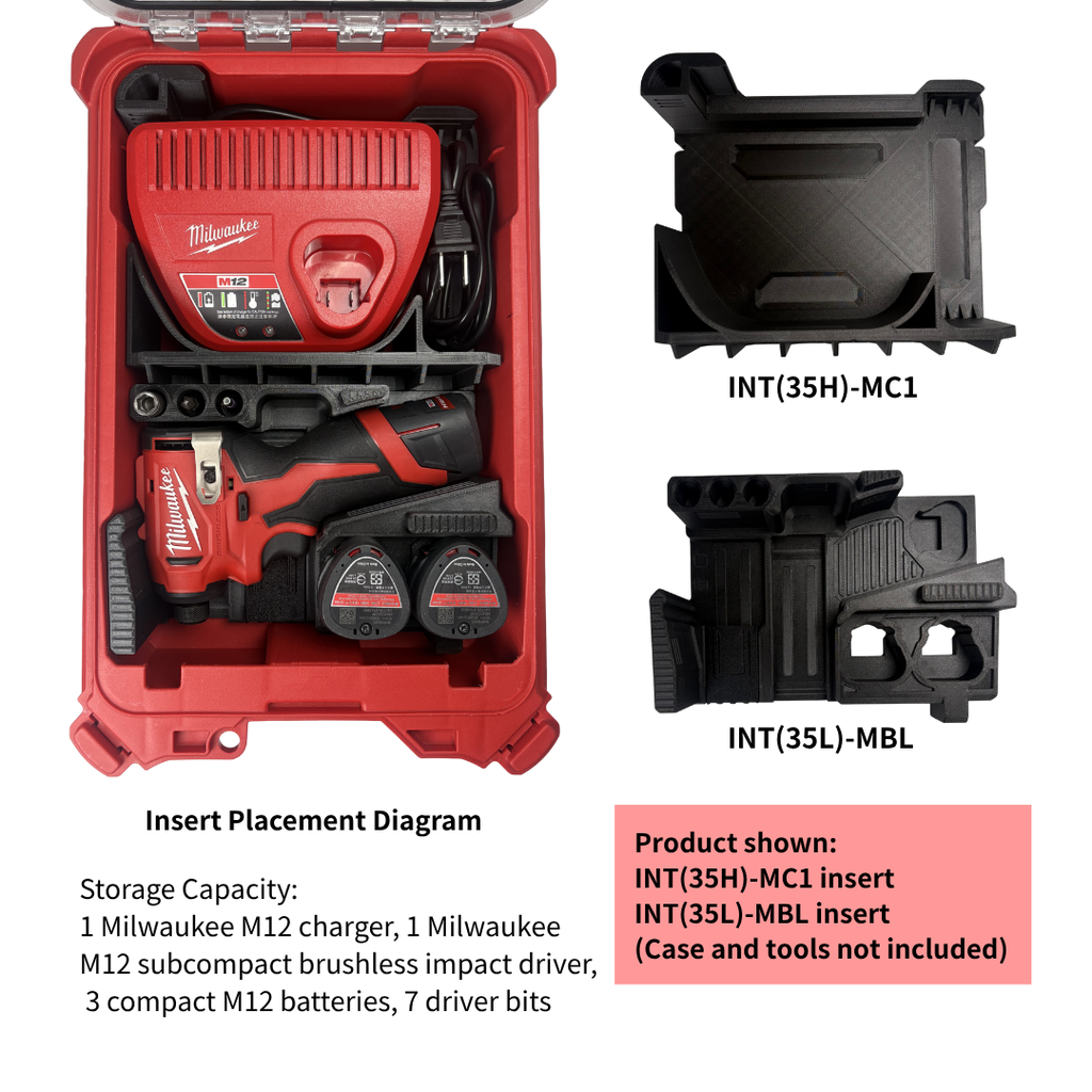 Modular 3D-Printed Insert for Milwaukee M12 subcompact impact driver+M12 charger