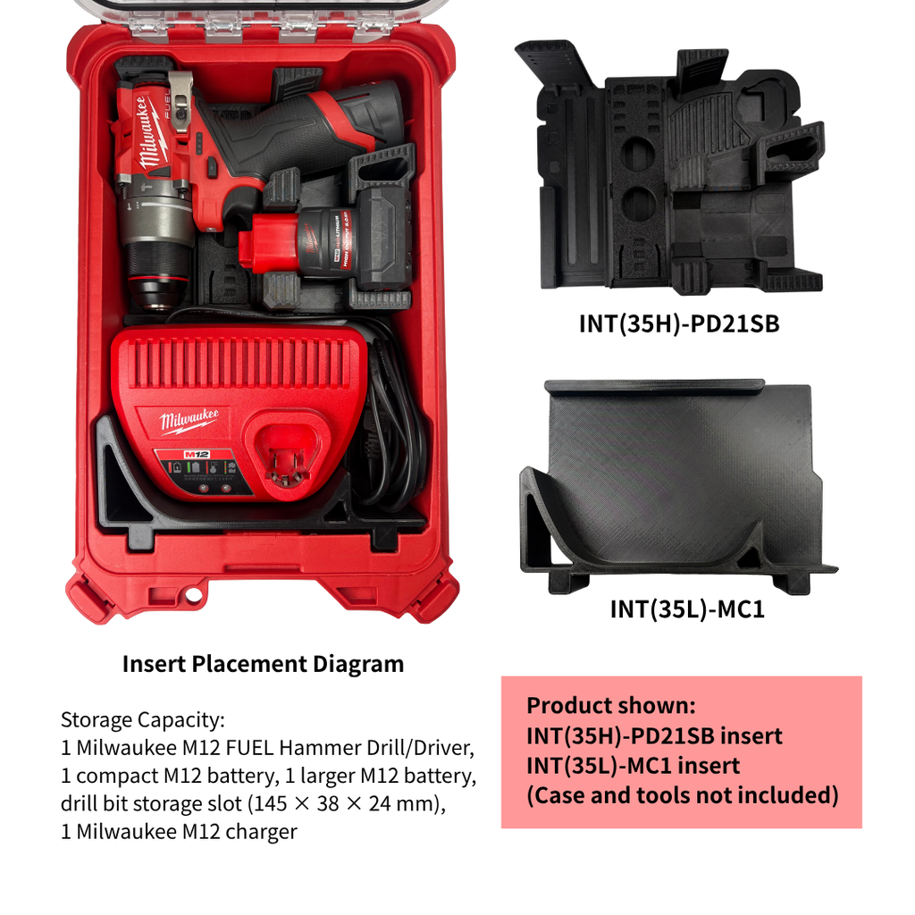 Modular 3D-Printed Insert for Milwaukee M12 FUEL Hammer Drill+M12 charger